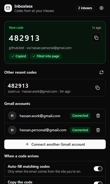 The Inboxless popup showing a new code, already copied and filled into the page